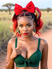 A young woman with rainbow hair takes off her top in the park's evening light