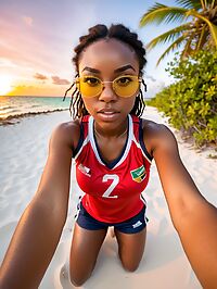 An athletic African woman wears a red volleyball uniform at sunset on the beach
